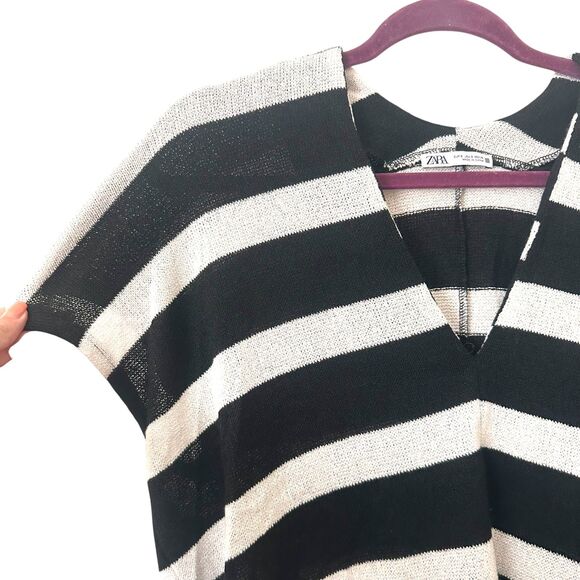 ZARA Striped Knit V-Neck Relaxed Sweater Black/White Small - Picture 4 of 5